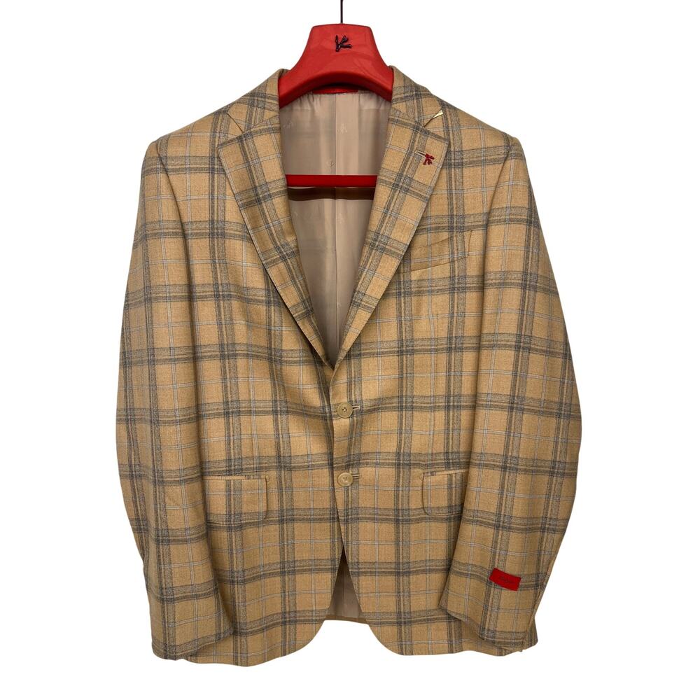 New Isaia sz40 us 50 eu tan Gregory cashmere silk plaid print check sport coat